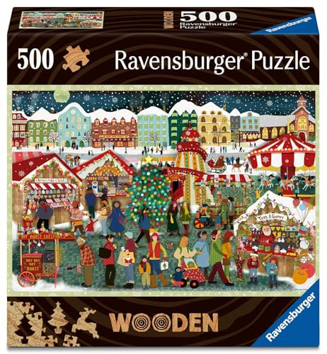 Ravensburger Wooden Puzzle 12001539 - Christmas Market - 500 Teile Holzpuzzle mit stabilen, individuellen Puzzleteilen und 40 kleinen Weihnachts-Whimsies, ab 14 Jahren