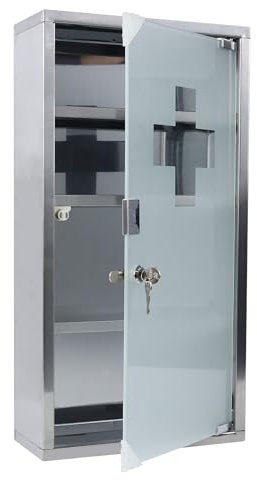 FIVMEN Medizinschrank Edelstahl 4 Fächer Medikamenten Aufbewahrung Apothekerschrank Hängend mit Glas Tür and 2 Schlüssel Abschließbar Medikamentenschrank Arzneischrank, 30x58 cm
