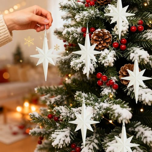 6 Stück Weihnachtsbaumschmuck Funkeln Weihnachtsstern Anhänger, Weihnachtsbaum Stern Deko Baumschmuck Weihnachtsstern Christbaumschmuck Anhänger für Weihnachtsbaum Fenster Hochzeit (Weiß)