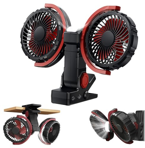 NIFBANG Dual Head Clip On Fan with LED Light,Battery Powered & USB Rechargeable Portable Desk Table Fan,360° Rotating Quiet Clamp Fan for Home,Office,Car,Camping,Travel,Kitchen,Treadmill Use(Black)