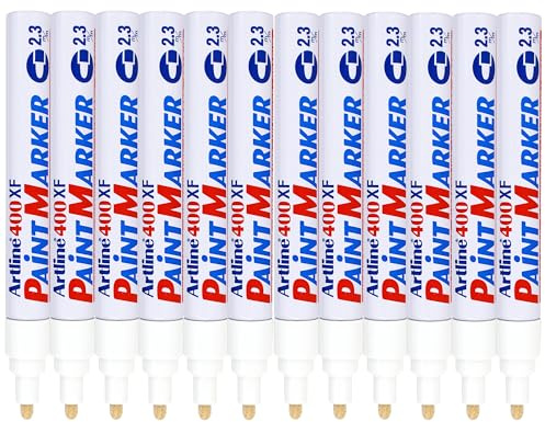 Artline Permanent Paint Markers (White) Pack of 12 | Vibrant Paint Pens for Wood, Metal, Glass & More, Precise 2.3mm Bullet Tip for Labelling Parts, Tools or Materials
