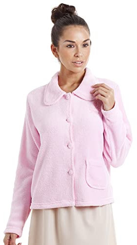Camille Womens Supersoft Fleece Bed Jacket - Luxury Collared Warm Sleep Top - Button up & Long Sleeved Pink 14-16