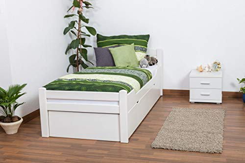 Kinderbett/Jugendbett Easy Premium Line K1/1h inkl. 2. Liegeplatz und 2 Abdeckblenden, 90 x 200 cm Buche Vollholz massiv weiß lackiert