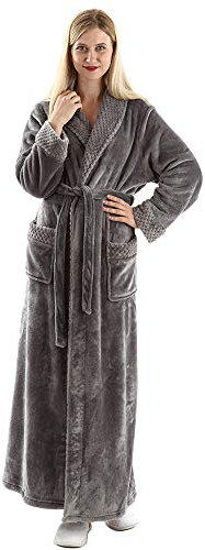 Dressing Gown Women Full Length Robe Plus Size Fleece Winter Warm Bathrobe, UK10-14(label L), Grey