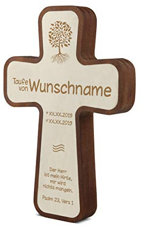 Taufkreuz Kinderkreuz aus langlebigen Kebony- und Pappelholz inkl. individueller Gravur 11x16x2,2cm - Taufwasser