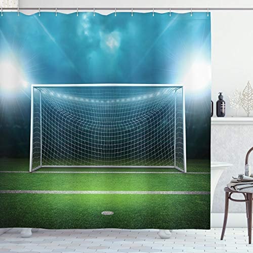 ABAKUHAUS Sport Duschvorhang, Fußball-Fußball-Spiel, Stoffliches Gewebe Badezimmerdekorationsset mit Haken, 175 x 180 cm, Grün blau