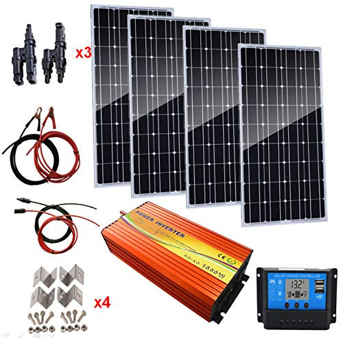 AUECOOR 400 Watts Monocrystalline Solar Panel Kit with 1500W Power Inverter & 30A solar charger Boat, RV,for Off-Grid 12 Volt Battery charging