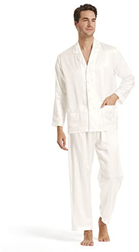 LilySilk Seide Herrenpyjama Set Schlafanzug Nachtwäsche Herren aus Seide von 19 Momme Weiß XXL Verpackung MEHRWEG