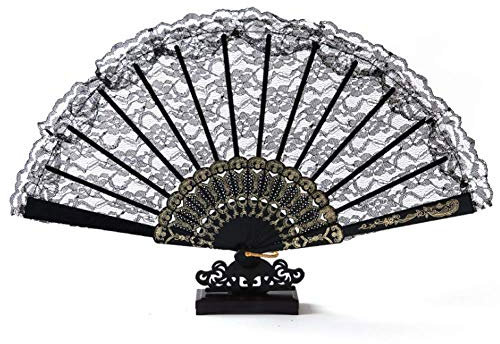 Dusenly Black Lace Folding Fan Vintage Handheld Fan Women Girls Spanish Lace Fans for Dress Up Costume Party Decoration