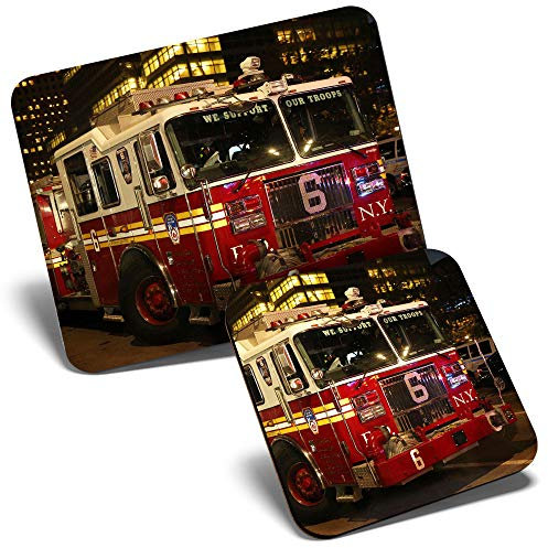 Mouse Mat & Coaster Set - New York Fire Engine USA 23.5 x 19.6 cm & 9 x 9 cm for Computer & Laptop, Office, Gift, Non-slip Base #14548