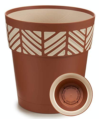 TIENDA EURASIA® Maceta de Plástico - Diseño Geométrico Rayas - 3 en 1- Maceta + Bandeja Interior + Bajoplato (Marrón, 30 cm)