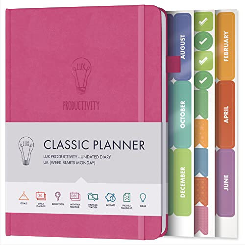 Tagesplaner & Terminkalender – Dankbarkeits-Tagebuch, Wellness-Tagebuch & undatierte Wochenplaner und Organizer – Schreibtisch-Tagebücher für Damen und Herren – LUX Productivity Classic (Hot Pink)