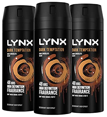 3 Pack of 150ml Lynx Dark Temptation Body Spray Deodorant with Scent of Chocolate