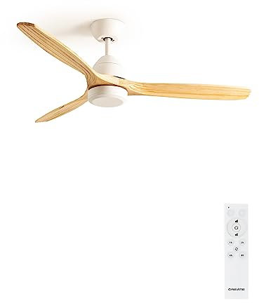 CREATE / WINDCUP/Ventilador techo blanco aspas madera natural con mando/Función verano-invierno, 6 velocidades, programable 1 a 4h, 2 alturas, 40W, Ø132 cm