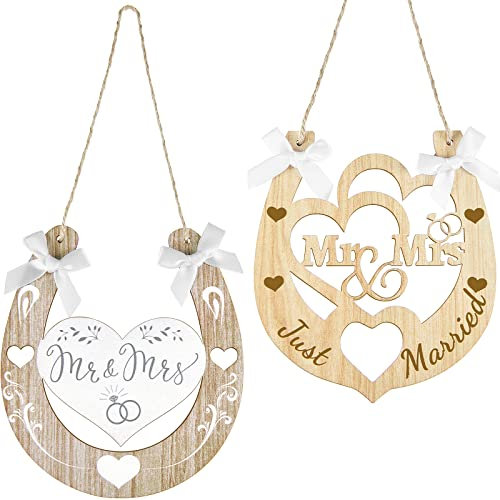 Jetec 2 Pieces Wedding Horseshoe Craft Acrylic Heart Horseshoe Cutout Art Decor Wedding Gifts Anniversary Favors Hanging Sign for Anniversary Door Wall Decor, 5. 3 x 4. 7 Inch (Wood)