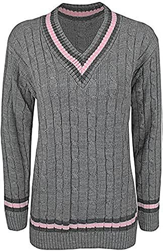 Purple Hanger New Ladies V Neck Cable Knitted Cricket Jumper Womens Stretch Long Sleeve Stripe Top (20-22, Charcoal)