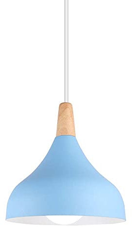 Hongho Suspension Luminaire Vintage Métal Lustre Industriel Lampes E27 Corde Ajustable Abat-jour Bois Aluminium pour Salon Cuisine Restaurant Salle à manger Chambre (Bleu)