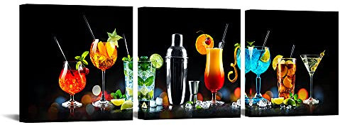 VANSEEING 3 Panels Wine Glass Canvas Wall Art Colorful Cocktail Paintings Wine Cups Picture Wall Decor Modern Giclee Artwork Stretched and Framed for Kitchen Bar Pub Decoration 12x12inchx3pcs
