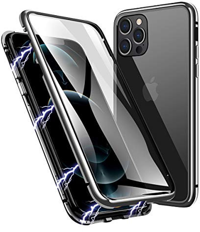 LONYAN Compatible with iPhone 12 Mini Case, Magnetic Adsorption Protective Hard Case Front and Back Tempered Glass Full Screen Coverage One-Piece Design Flip Cover (Silver)