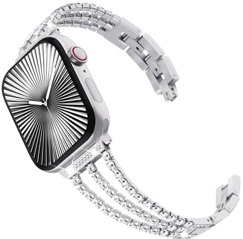 WINGLE Stainless Steel Strap for Apple Watch Straps,Women Bling Link Bracelet Replacement band for Apple watch se Strap,series 10 42mm,Series 9/8/7 41mm,Series 6/5/4 40mm,Series 3/2/1 38mm,Silver