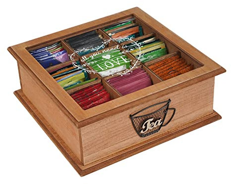 Optyuwah Boîte à thé, boîte à thé en bois avec 9 compartiments séparés, boîte à thé pour sachets de thé, sucre, capsules de café, boîte de rangement de qualité supérieure avec fenêtre en verre