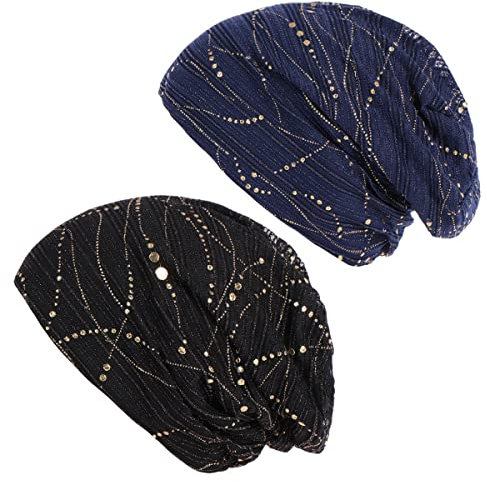 DAZISEN Frauen Baumwoll Turban Chemo Mütze – Weicher Bedruckter Kopfbedeckung Schlafmütze für Mädchen und Damen Krebs Alopezie Haarausfall Hut, Schwarz*1 + Dunkelblau*1