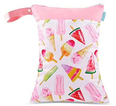 Treer Windeltasche Baby 30x40cm Wasserdichte Stilvoller Bedruckte Wetbags mit doppelt Reißverschluss Nass-Trocken-Trennung Kleinkind Stoffwindeln Hängende Organiser Beutel (Rosa Eis Am Stiel)