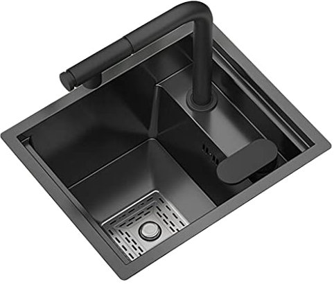 Fregadero De Cocina De Barra Fregadero Oculto De Acero Inoxidable Fregadero Pequeño con Tapa Fregadero para Verduras Fregadero con Grifo Extraíble (Color : Black, S : 40 * 44 * 22.5cm)