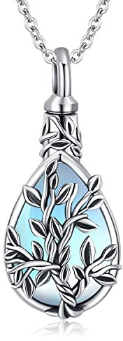 Midir&Etain Tree of Life Urn Necklace for Ashes 925 Sterling Silver Tree Moonstone Teardrop Pendant Ashes Necklace Cremation Jewellery Keepsake Memorial Gift for Women Grandma
