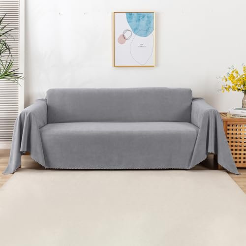 VanderHOME Anti-Rutsch-Sofa Abdeckung - Elastische Dehnbare Schutzhülle für Vier Jahreszeiten - Universal Decke für Wohnzimmer und Haustier - Solid Farbe 180 * 380cm - Grau