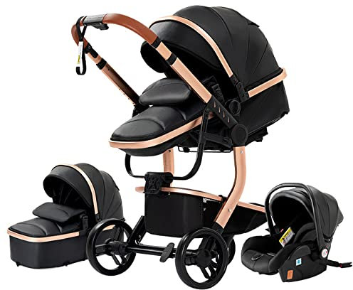 3 in 1 Kombikinderwagen 3 in 1 Kinderwagen Reisesysteme Infant Hochlandschaft Liegender Buggy Kinderwagen Neugeborenen Kinderwagen Faltbarer Standardkinderwagen (518 Black)