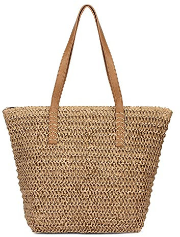 Sommer Strandtasche Damen Groß, Stroh Handtasche mit Reißverschluss, Beach Bag Korbtasche, The Tote Bag mit Leder Schultergurt, Strohtasche Einkaufstasche für Strand Reise (Beige & Braun)