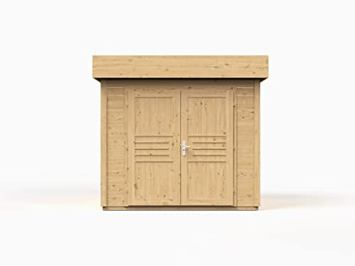 Woodtex Holz Gerätehaus Livo 2 | Gartenhaus | Wandstärke 28 mm | Naturbelassen | BxTxH: 283,5 x 277,6 x 246,5 cm | Sockelmaß: 254 x 248 cm | Inkl. Doppelflügeltür