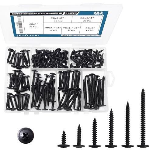 JEGONFRI Kit de vis à bois noires à tête bombée modifiée, 132 pièces, tournevis cruciforme, vis à bois, vis, assortiment de vis, jeu de vis, 6 tailles (1/2, 1/4, 1, 1-1/4, 1-1/2, 5,1 cm) (noir)