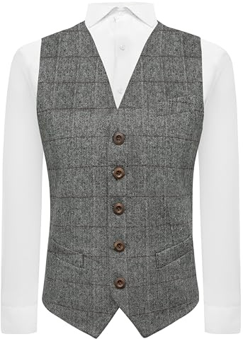 King & Priory Pewter Grey Herringbone Windowpane Waistcoat, Tweed