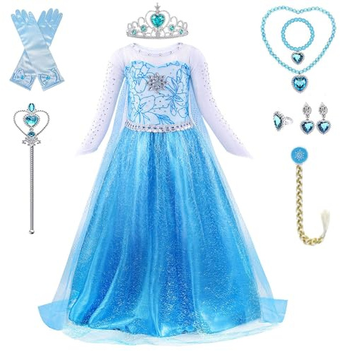 PABTID Elsa Mädchen Prinzessin Kostüm - Eiskönigin Elsa Kinder Kleid mit Krone Diadem Handschuhe Zauberstab Halsketten Set für Karneval Verkleidung Halloween Weihnachten Cosplay Party (110)