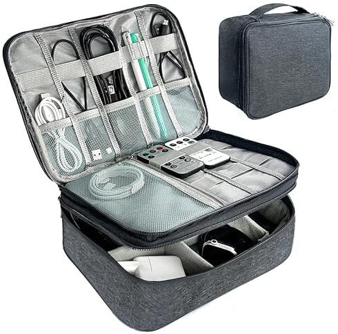 MyGadget Doppelschichtige Universal Kabel Organizer Tasche [25,9 x 19,5 x 8,5 cm] - Reise Kabeltasche - für Elektronik Zubehör wie Ladegeräte I Kabel - Grau