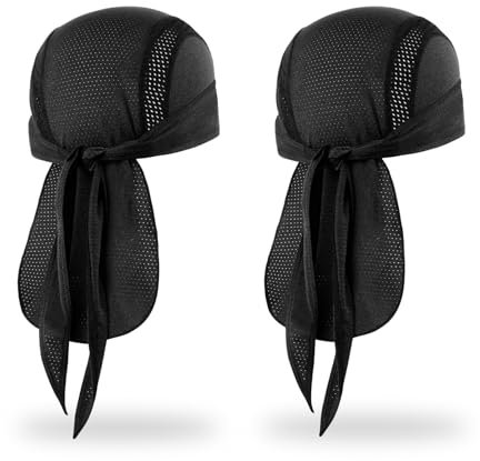 MELASA KüHlende Mesh Bandana Cap, Sports Durag Kopftuch Hat FahrradmüTze Unterhelm, SchweißSchutz LaufmüTze Fahrrad Kopfbedeckung, Schwarz & Schwarz