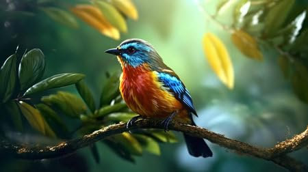 Acryl-Bild 90 x 50 cm: Ein wunderschöner bunter kleiner Vogel auf einem Ast. Generative KI (204876225)