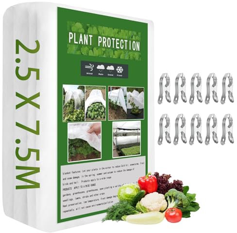 2.5 * 7.5M 30g/m2 Vellón de Jardín de Plantas Vellón de Protección con 10 Clips Protección contra Heladas para Plantas Vellón de Protección contra Congelación para Invierno para Plantas