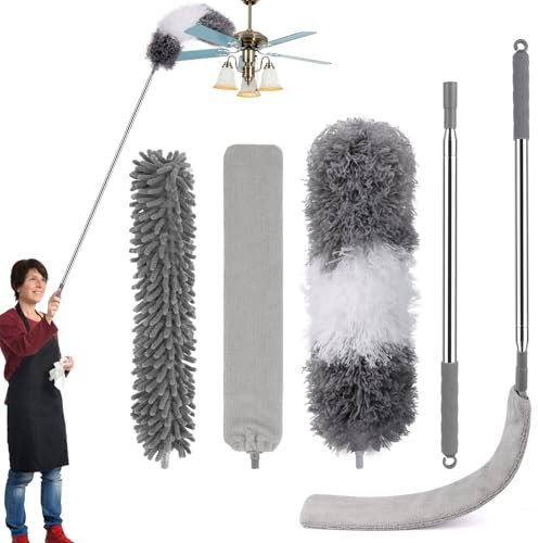 TNOMSNO 4 Piezas Plumero Telescopico Extensible, Palo Telescopico Limpieza 41-210cm, Plumero Telescopico para Limpiar Persianas, Techos, Muebles y Telarañas