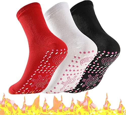 DSLIHA 3 prs Self Heating Socks, Thermal Socks for Unisex Winter Magnetic Therapy Socks,Warm Soft Comfortable Anti-Freezing Outdoor Socks -Black+White+Red