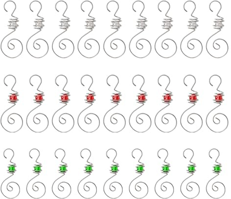 INCREWAY 30 Stück Ornament-Haken mit 3-farbigen Perlen, Weihnachtsdekoration, Metallhaken, Draht, spiralförmig, Acryl, Schmucksteine für Weihnachtsbaumschmuck, Aufhänger