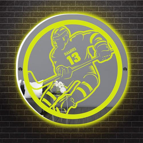 Personalisierter Hockeyspieler LED-beleuchteter Spiegel, benutzerdefinierter Spielername und -nummer, LED-Neonlicht-Schilder für Wanddekoration, Spiegel-Nachtlicht, Wandkunst für Sport-Fans,