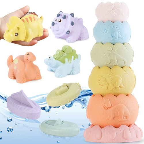 Badespielzeug Baby ab 1 2 Jahr, Dinosaurier Kinder Silikon Badewannenspielzeug Schimmelfreies, Ohne Loch Wasserspielzeug Baby Badewanne Spielzeug mit Stapelblöcke/3 Badeboote/4 Dinosaurier
