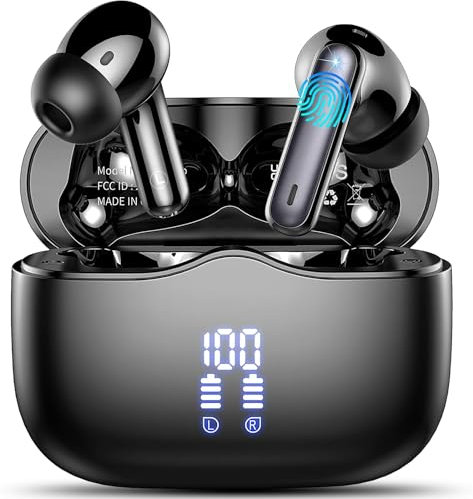 Cuffie Bluetooth, Auricolari Bluetooth 5.3 Stereo HiFi Immersivo, 40 Ore Cuffie Wireless in ear con 4 ENC Noise Cancelling Mic, Cuffiette Bluetooth IP7 Impermeabili, Touch Control, LED, USB-C, Nero