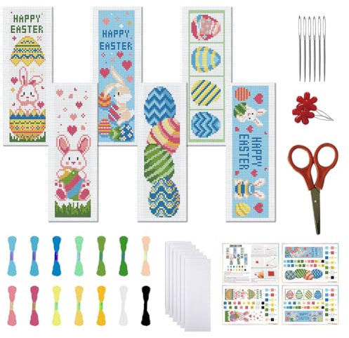 FREEBLOSS 6 Set Oster Kreuzstich Lesezeichen Sets Ostereier Muster Cross Stitch Kit Mit Klarer Anleitung DIY Lesezeichen Kreuzstich Sets Stick Lesezeichen Set Für Erwachsene Und Anfänger