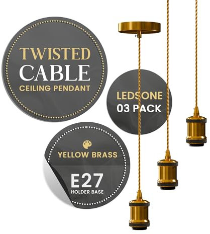 LEDSone 3 Pack Metal E27 Pendant Light Fitting with Twisted Cable Ceiling Vintage Antique Brass Pendant Light for lamp Holder Fitting for Restaurant
