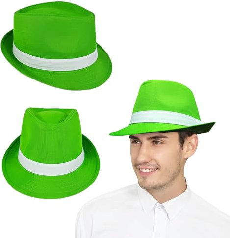 Patrick Day Partyhut modisch klassisch irischer Fedora Grün Weiß Hut Jazz Hut Raum Hip hop Hut 56 58CM Fluoreszierendes Grün Mafia Hut Karneval Mallorca Fasching Urlaub Bequem