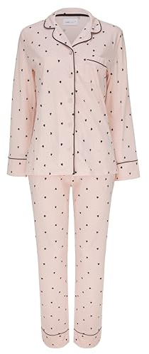 SNOOZE OFF Damen Schlafanzug | Pastellgrün mit Weißen Herzen | 100% Baumwolle | Klassischer Pyjama mit Weißer Kontrastpaspelierung | V-Ausschnitt & Brusttasche | Lange Ärmel & Hose